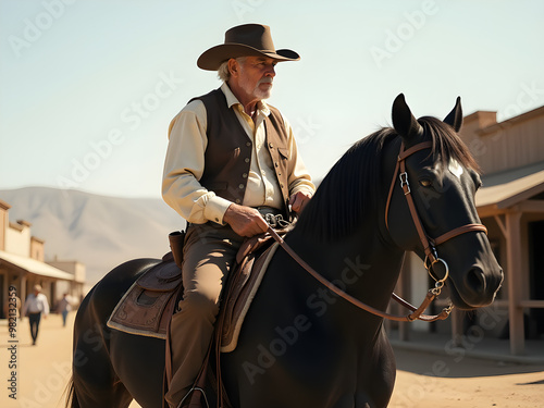 Majestic Cowboy on Black Horse in American Wild West Setting with Rustic Wooden Buildings, Warm Sunlight, Signs of Activity, and Themes of Adventure, Nostalgia, and Independence