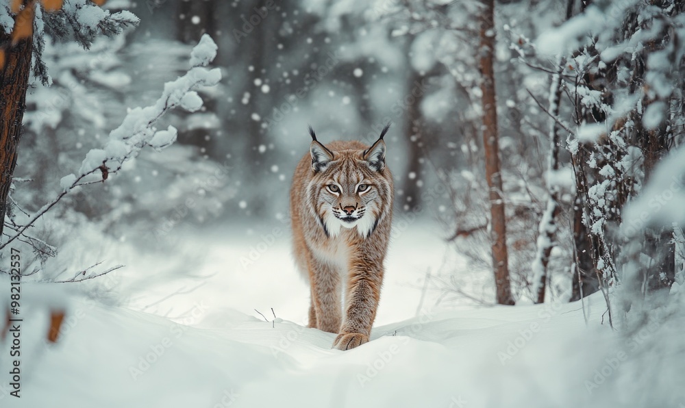 A cat is walking through the snow in a forest A cat is walking through the snow in a forest