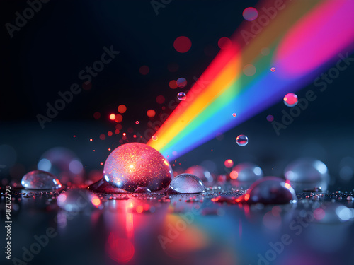 Stunning Macro of Vibrant Water Droplets on Surface with Central Prism Droplet Refracting Light into Vivid Rainbow Spectrum - Perfect for Nature, Science, and Abstract Art ry