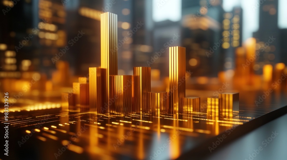 A city skyline is shown in gold with a reflection of the city in the water A city skyline is shown in gold with a reflection of the city in the water