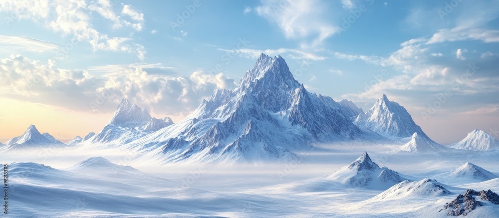 3D illustration depicting a vast landscape featuring a prominent mountain encircled by towering peaks 3D illustration depicting a vast landscape featuring a prominent mountain encircled by towering peaks