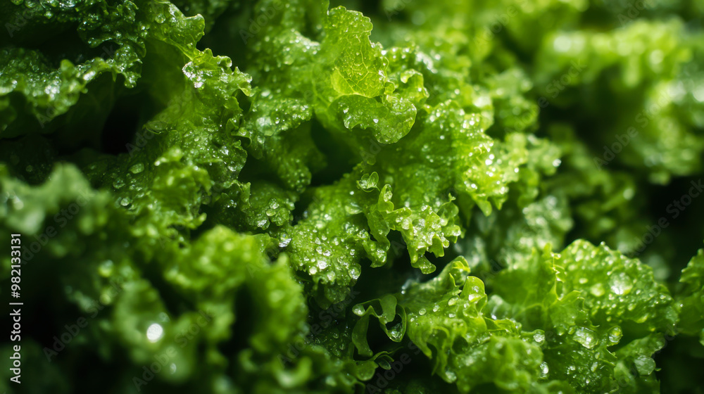 Fresh green lettuce with water droplets close-up, showcasing its natural texture and vibrant color after being washed in the kitchen Fresh green lettuce with water droplets close-up, showcasing its natural texture and vibrant color after being washed in the kitchen