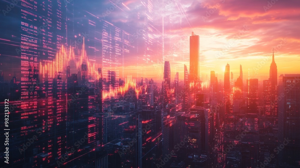 A city skyline with a sunset in the background A city skyline with a sunset in the background