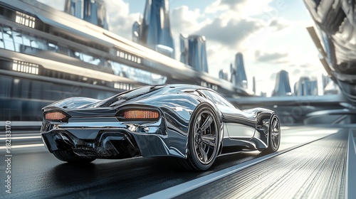 Futuristic silver sports car driving down a road in a modern city.