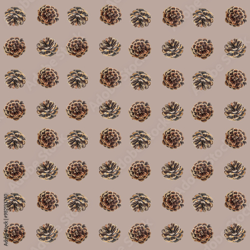 Pine cones watercolor seamless pattern. High quality hand painted illustration on light brown background. Perfect for cards, banners, posters, textile, Christmas New Year decor. Autumn winter clip art