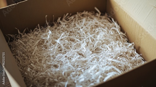 An open box filled with shredded paper and a product, waiting to be unboxed and revealed