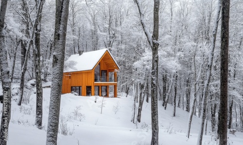 A small cabin is surrounded by trees covered in snow