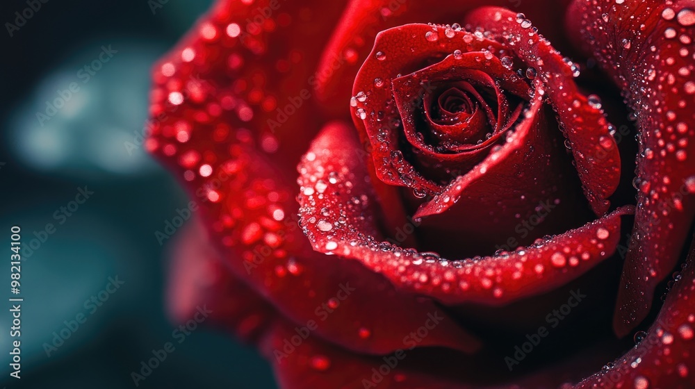 Close-up of a red rose in full bloom, with soft dewdrops glistening on its petals. Close-up of a red rose in full bloom, with soft dewdrops glistening on its petals.