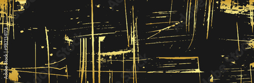 Black texture background, banner, cover design. Marble texture. Abstract stylish 3D pattern with spots, cracks, scratches, abrasions. Golden grunge overlay layer.