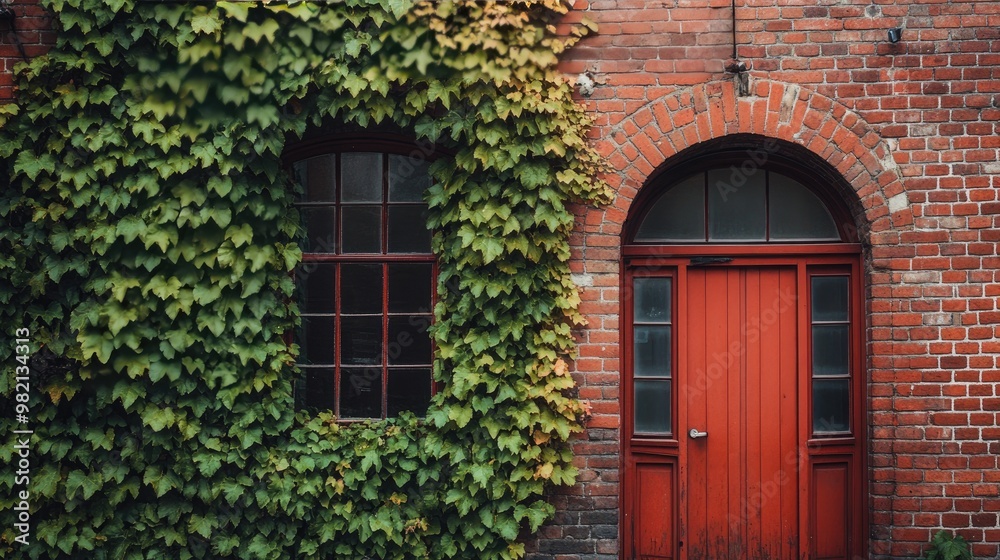 Fototapeta premium Red brick walls of a historic building with ivy creeping up, symbolizing history and timeless beauty