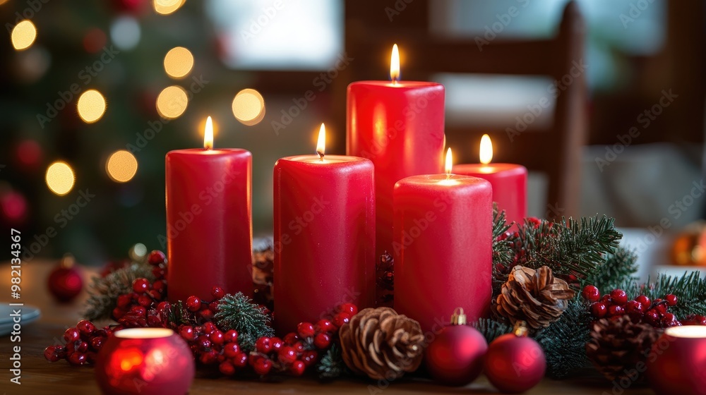 Red candles lit on a festive dining table, with holiday decorations creating a warm and inviting scene. Red candles lit on a festive dining table, with holiday decorations creating a warm and inviting scene.