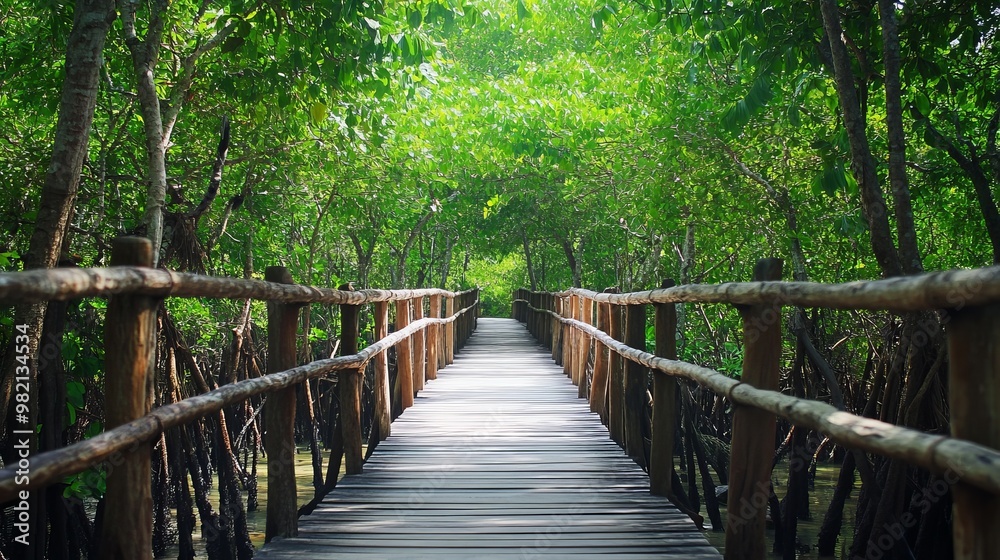 Wooden bridge walkway in the middle of a mangrove forest Wooden bridge walkway in the middle of a mangrove forest