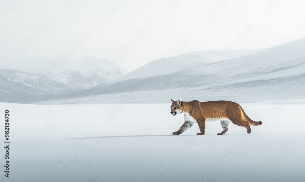 Obraz premium A large brown cat is walking across a snowy field