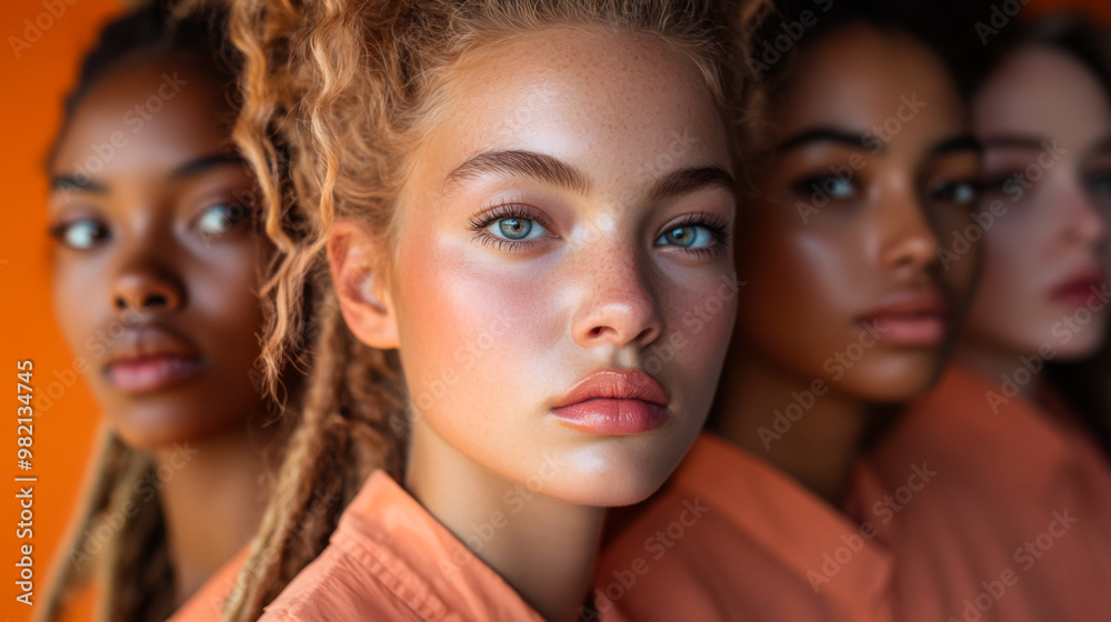A group of young women in vibrant orange attire posing together in warm lighting with a focus on one model's unique features A group of young women in vibrant orange attire posing together in warm lighting with a focus on one model's unique features