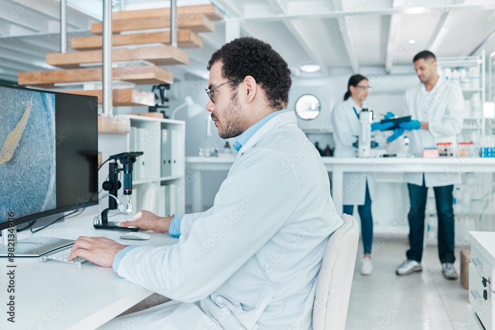 Microscope, computer screen or man in lab for dna breakthrough, clinical trial and discovery. Biotechnology, medical scientist and vaccine research with particles for mpox cure development or testing Microscope, computer screen or man in lab for dna breakthrough, clinical trial and discovery. Biotechnology, medical scientist and vaccine research with particles for mpox cure development or testing