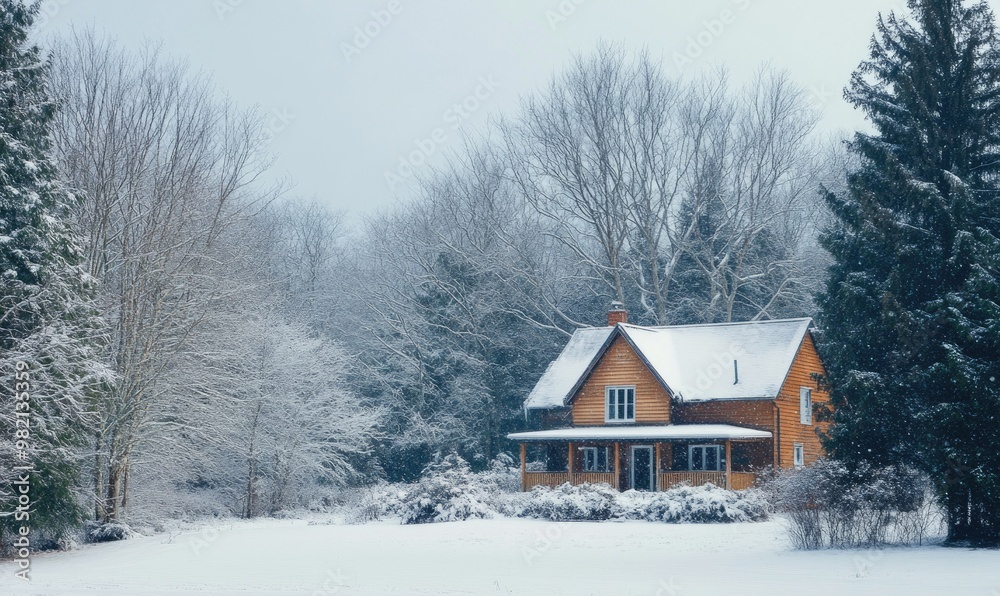 A house with a porch and a chimney sits in a snowy field A house with a porch and a chimney sits in a snowy field