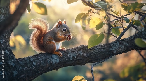A small and cute squirrel perched on a tree, eating beans