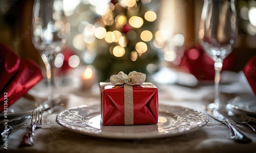A red box with a bow on top sits on a white plate on a table A red box with a bow on top sits on a white plate on a table