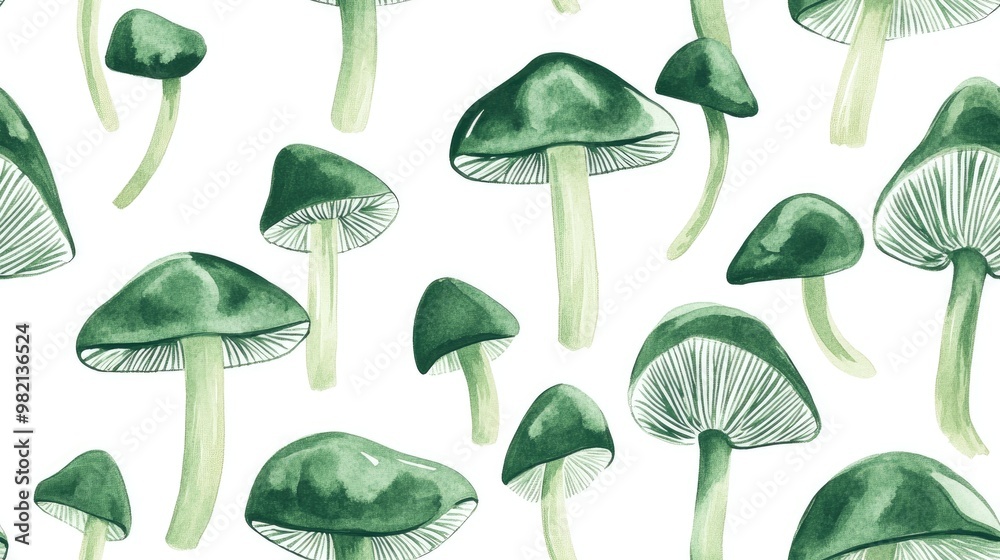 Obraz premium Seamless abstract botanical pattern featuring green mushrooms on a white background Created with digital brush strokes Suitable for textile fabrics wrapping paper backgrounds wallpaper and covers