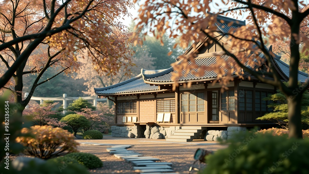 3D realistic, Japanese tea house in autumn garden pastel tones 3D realistic, Japanese tea house in autumn garden pastel tones