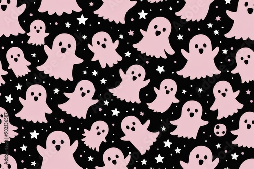 Pink cute halloween ghost seamless pattern repeat print background. Vector illustration. Great for kids and home decor projects. Surface pattern design.