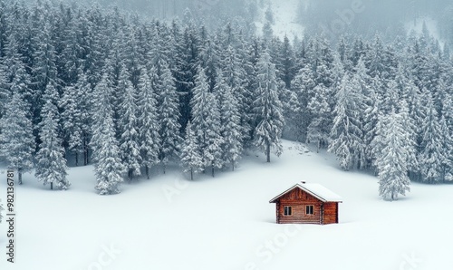 A cabin is in the snow next to a forest