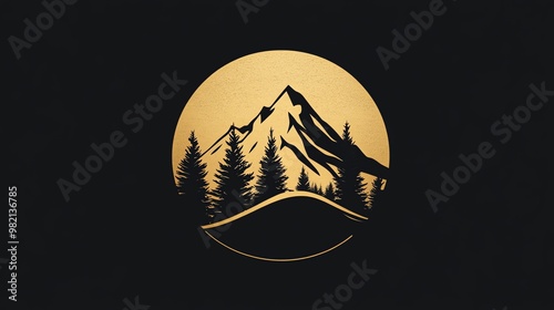 A simple, minimalist logo with a mountain silhouette and forest against a gold circle on a black background. photo