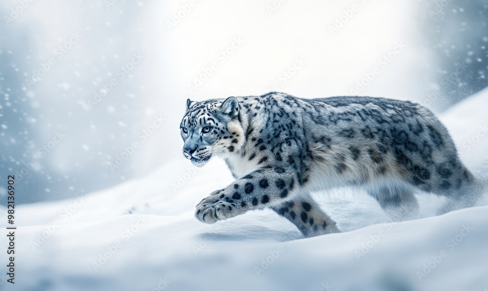 Fototapeta premium A snow leopard is walking through the snow
