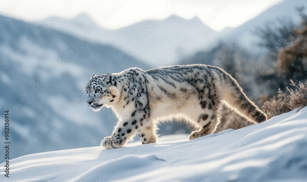 Fototapeta premium A snow leopard is walking through the snow on a mountain