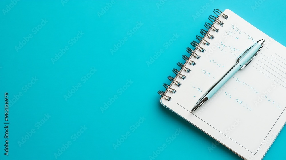A top view of a pen resting beside a notebook with A top view of a pen resting beside a notebook with