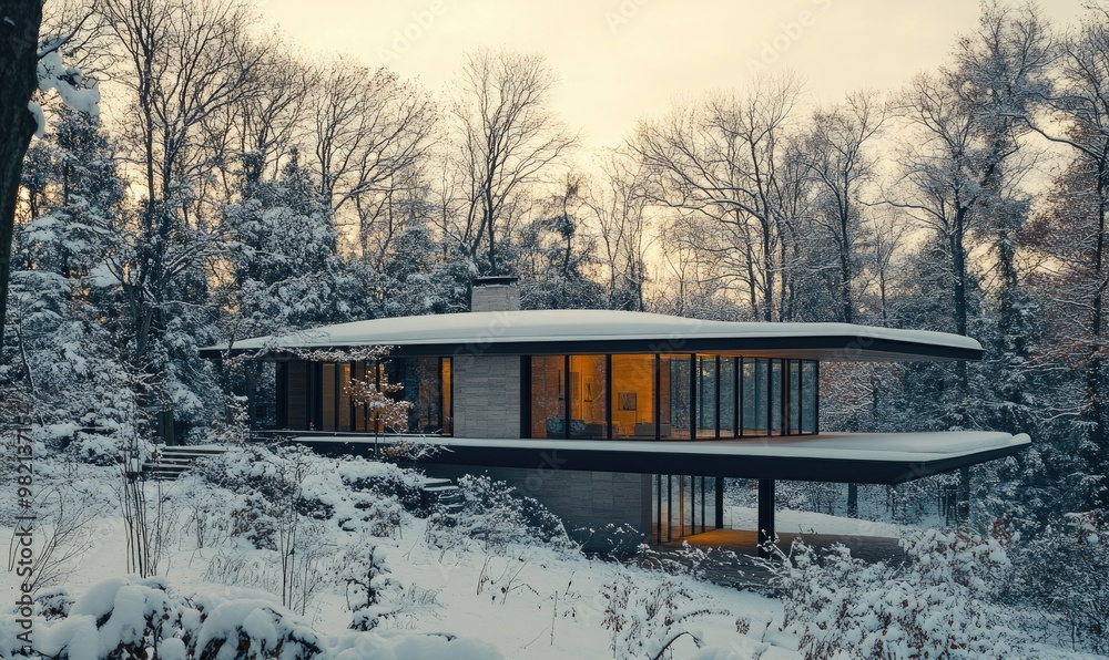 Obraz premium A large house with a fireplace and a balcony overlooking a snowy landscape