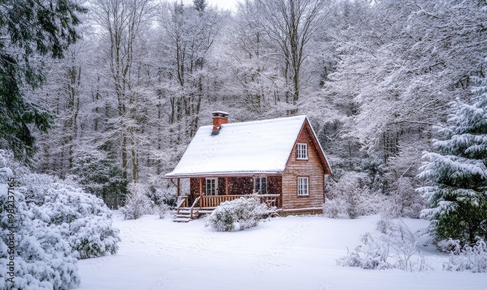 A small cabin in the woods is covered in snow A small cabin in the woods is covered in snow