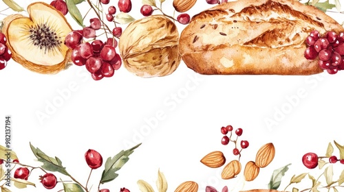 Seamless rim featuring a watercolor illustration of a fresh crispy homemade rye bread loaf with fruits and nuts on a white background Whole grain bun ideal for breakfast Hand drawn border designed photo