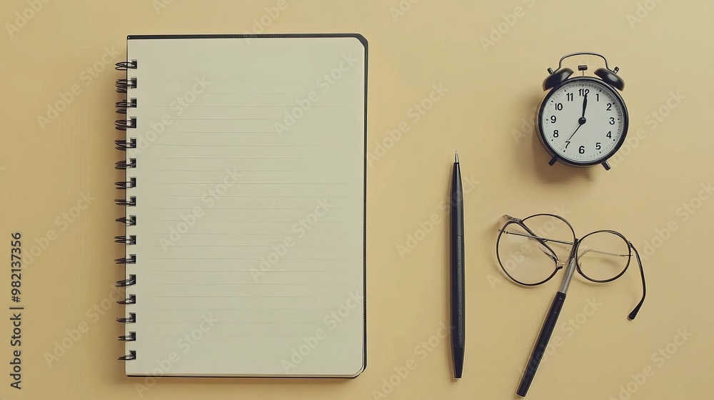 A top view of a black blank notebook, paired with a pen, glasses, goggles, and an alarm clock, arranged neatly on a beige background. A top view of a black blank notebook, paired with a pen, glasses, goggles, and an alarm clock, arranged neatly on a beige background.