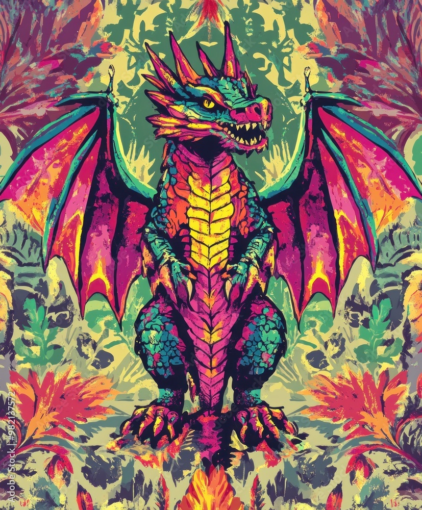 A vibrant, stylized dragon illustration with colorful scales and wings, set against a bold background. A vibrant, stylized dragon illustration with colorful scales and wings, set against a bold background.