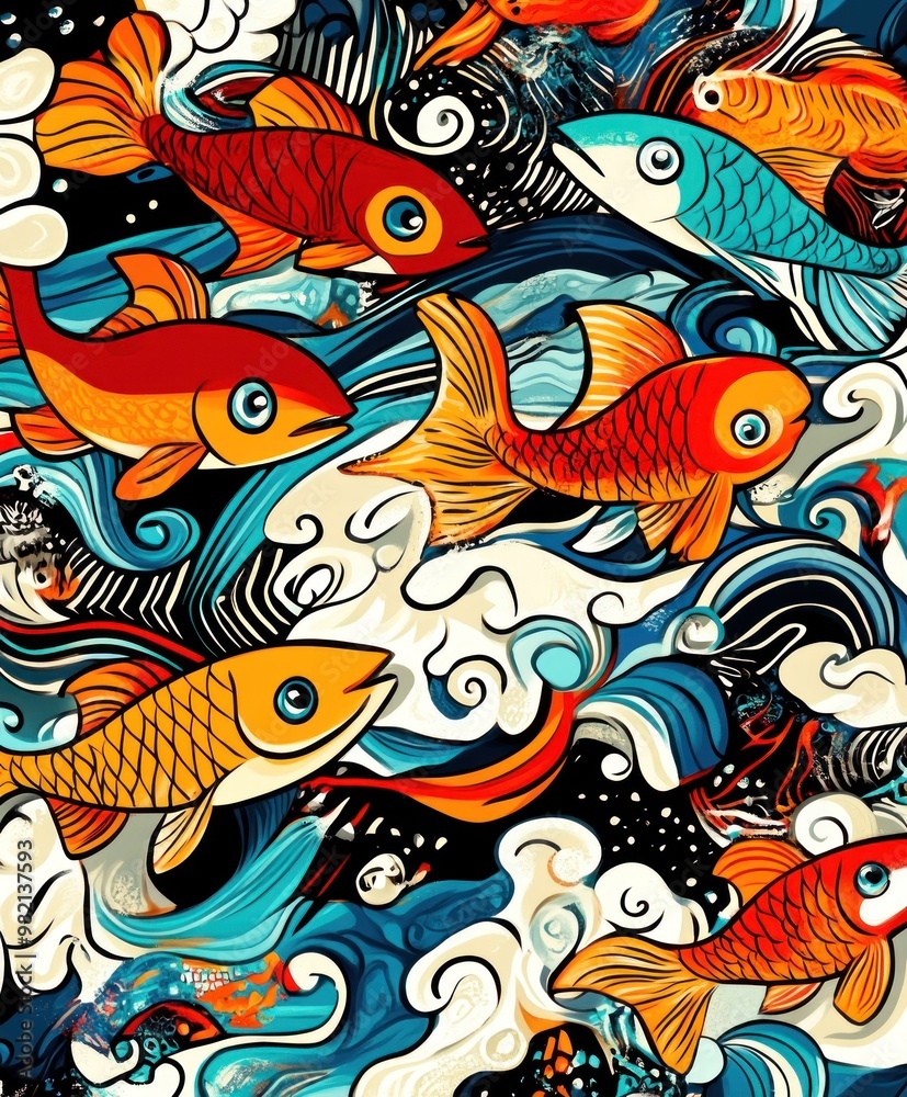 A vibrant illustration of colorful fish swimming amidst waves and clouds. A vibrant illustration of colorful fish swimming amidst waves and clouds.