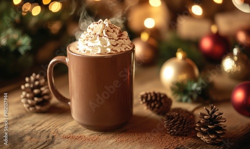 A mug of hot chocolate with whipped cream on top sits on a wooden table