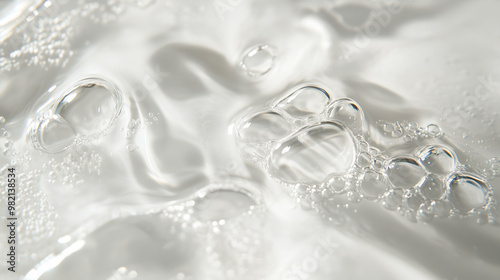 Clear bubbles in water texture for hydration and beauty skincare. Close-up shots, raw graphic photos. Cosmetics advertising materials. photo