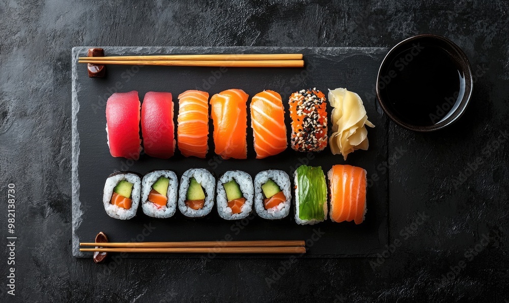 A plate of sushi with a variety of colors and types of fish