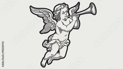 Wallpaper Mural on a solid white background a black vector outline illustration of a cherub angel in renaissance style Torontodigital.ca