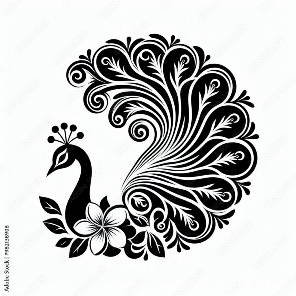 black and white peacock illustration with batik pattern combination black and white peacock illustration with batik pattern combination