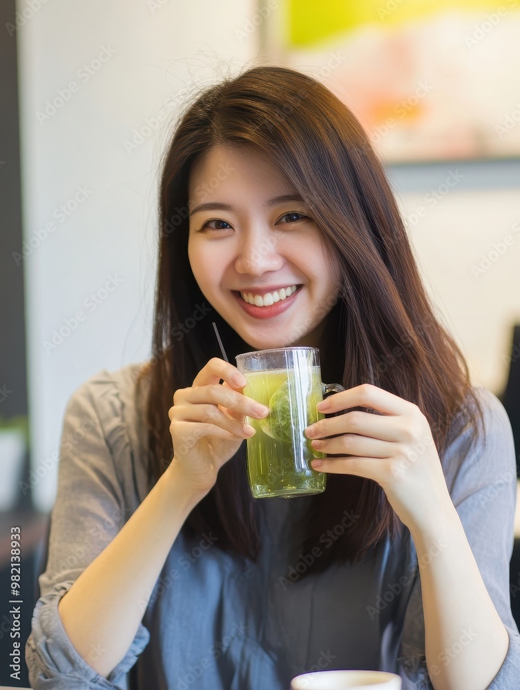 Happy Woman Enjoying Green Drink in Cafe Setting Happy Woman Enjoying Green Drink in Cafe Setting