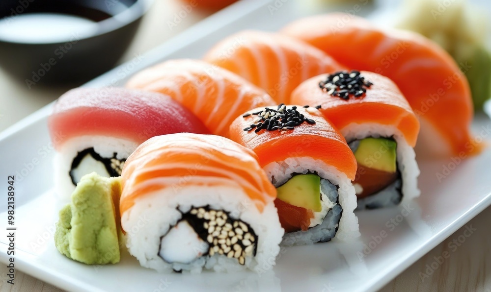 A plate of sushi with avocado and sesame seeds A plate of sushi with avocado and sesame seeds