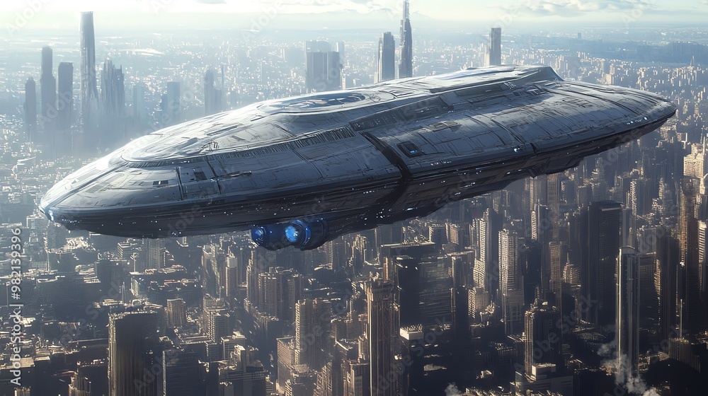 Fototapeta premium A futuristic spaceship hovering above a city.