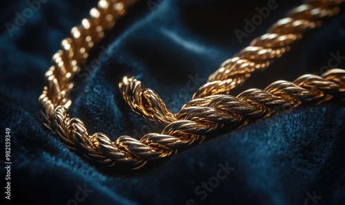 A gold chain is laying on a blue cloth