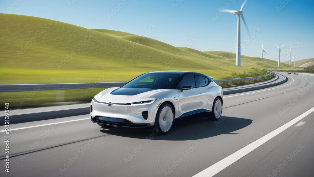 futuristic eco-friendly car a wide highway futuristic eco-friendly car a wide highway