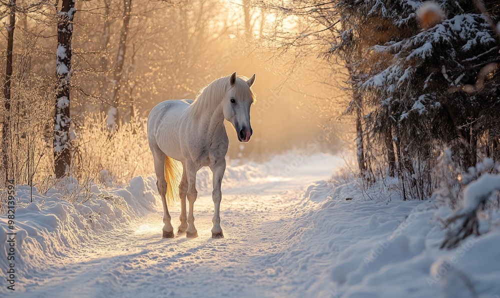 A white horse is walking on a snowy path