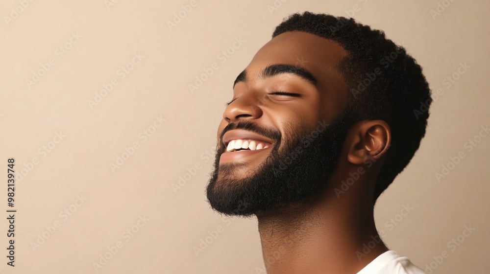 Smiling young man with a beard enjoying a moment of happiness against a neutral background Smiling young man with a beard enjoying a moment of happiness against a neutral background
