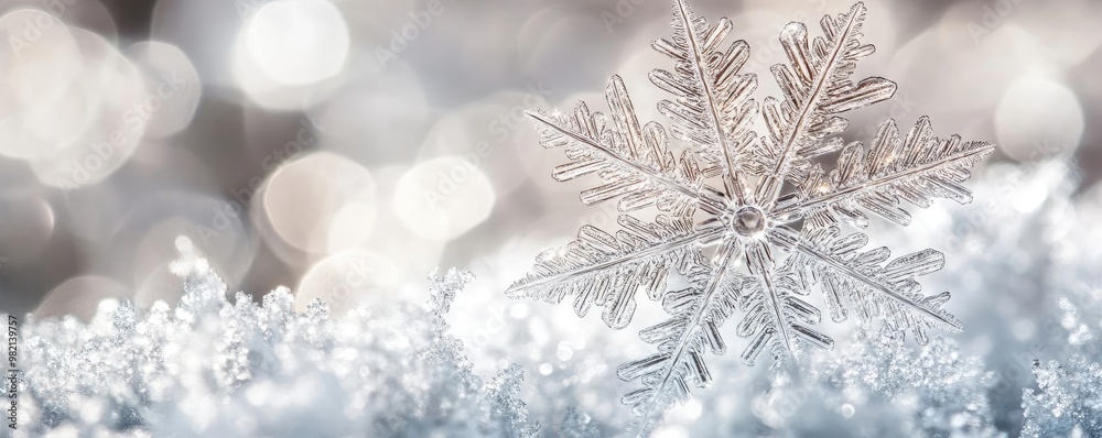 Beautiful snowflake resting on soft snow, surrounded by a shimmering winter landscape and blurred bokeh lights.