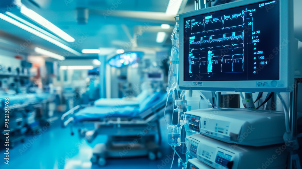 Modern hospital room with advanced monitoring equipment and empty patient bed in a busy medical facility during evening hours Modern hospital room with advanced monitoring equipment and empty patient bed in a busy medical facility during evening hours